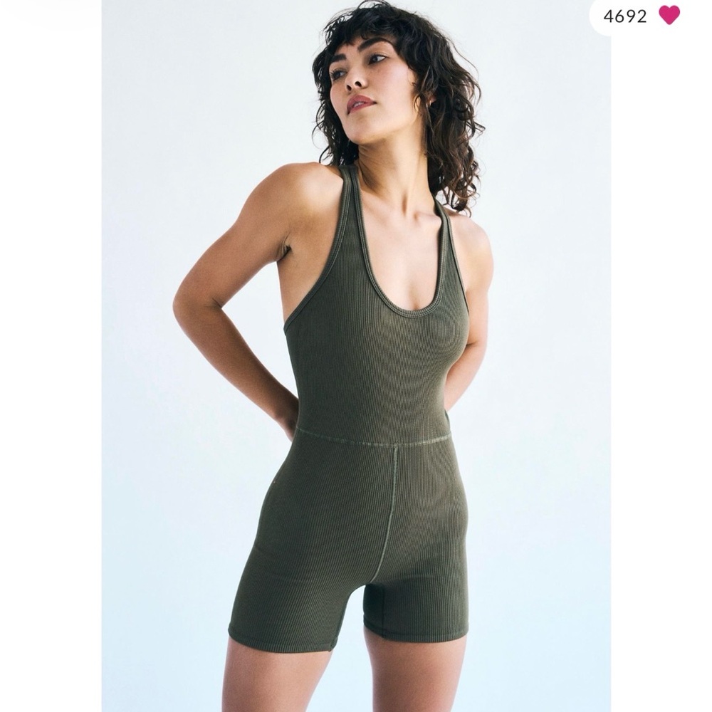 FP Movement by Free People Olive Green Ribbed Racerback Romper